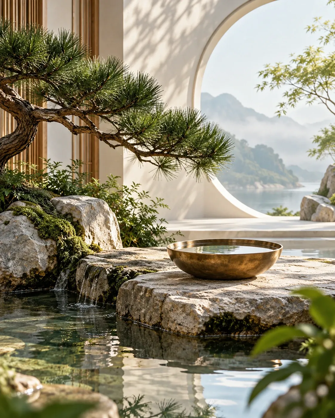 Ảnh ẩn dụ AI: cây, đá, nước và bát đồng trong một tổng thể; minh họa môn Ngũ Hành.