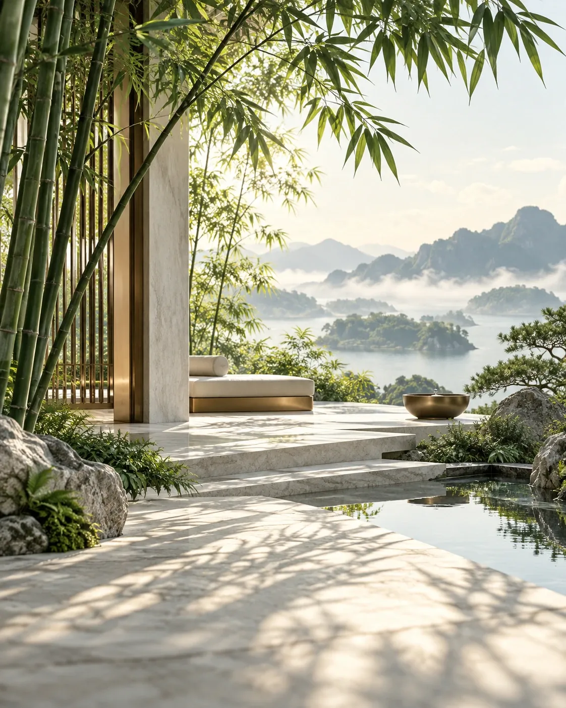 Ảnh ẩn dụ AI: bóng tre và khoảng sân sáng, gợi thời điểm và bối cảnh; minh họa môn Bát Tự.