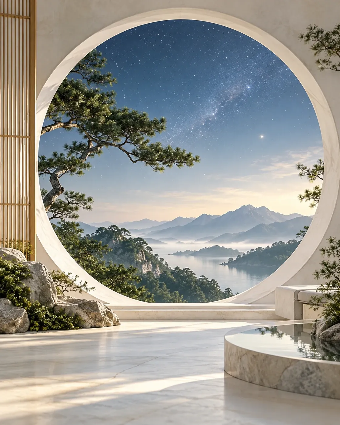 Ảnh ẩn dụ AI: khung tròn mở ra bầu trời, gợi quan sát bức tranh rộng; minh họa môn Tử Vi.
