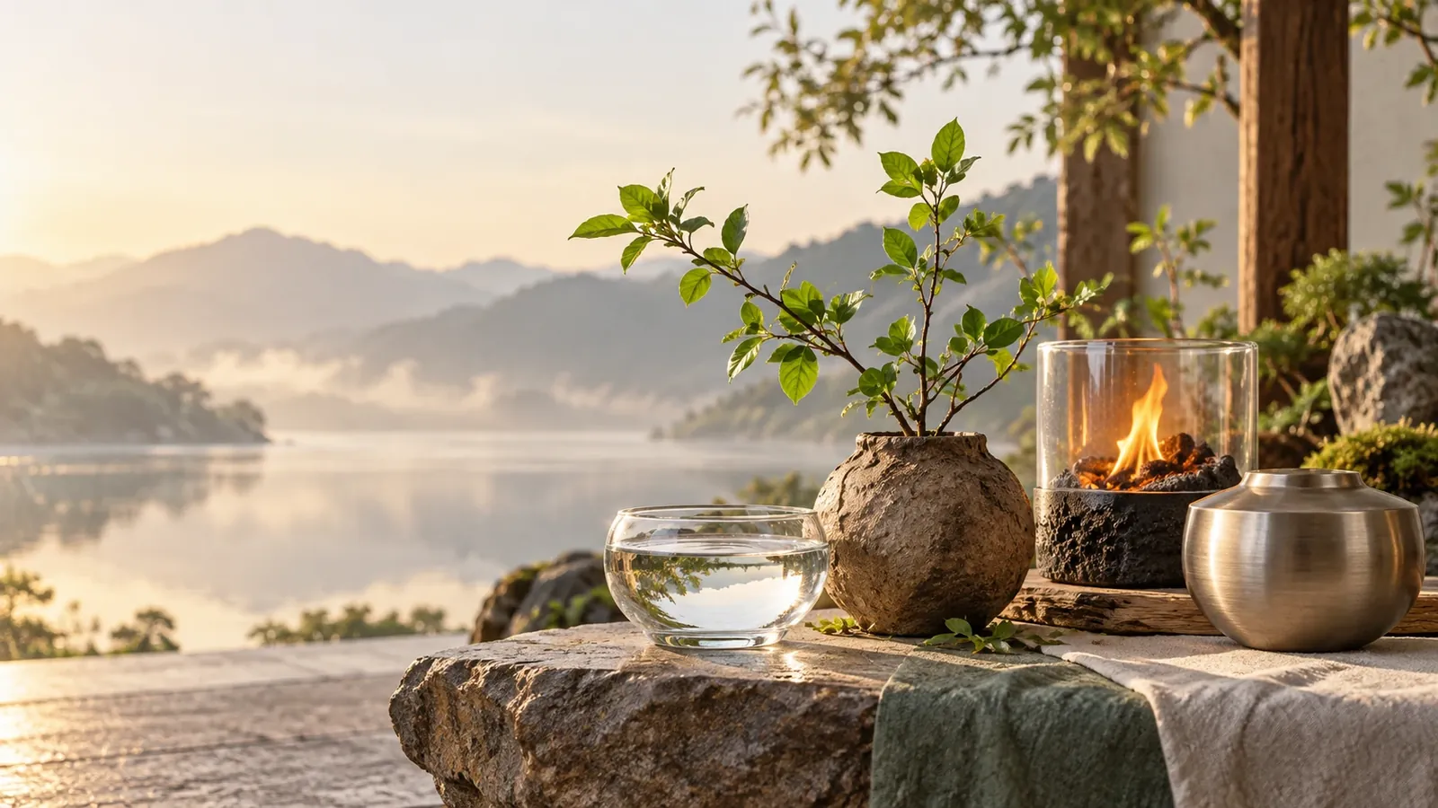 Ảnh ẩn dụ AI minh họa năm hành: gỗ, lửa, đất, kim loại và nước đặt cạnh nhau bên hồ; không phải lá số hay kết luận cá nhân.