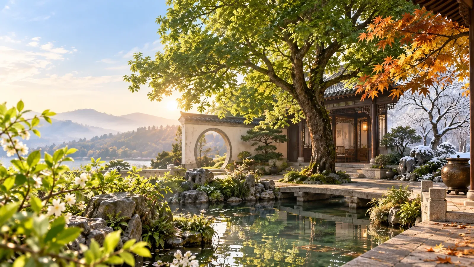 Ảnh ẩn dụ AI minh họa khí theo mùa: khu vườn chuyển sắc bốn mùa quanh một ngôi nhà; không phải lá số hay kết luận cá nhân.